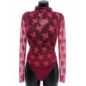 Intimately Free People Burgundy Floral Lace Mesh Bodysuit XS Coquette Goth Y2K